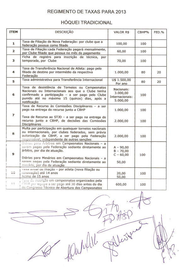 Regimento de Taxas - Hóquei Tradicional