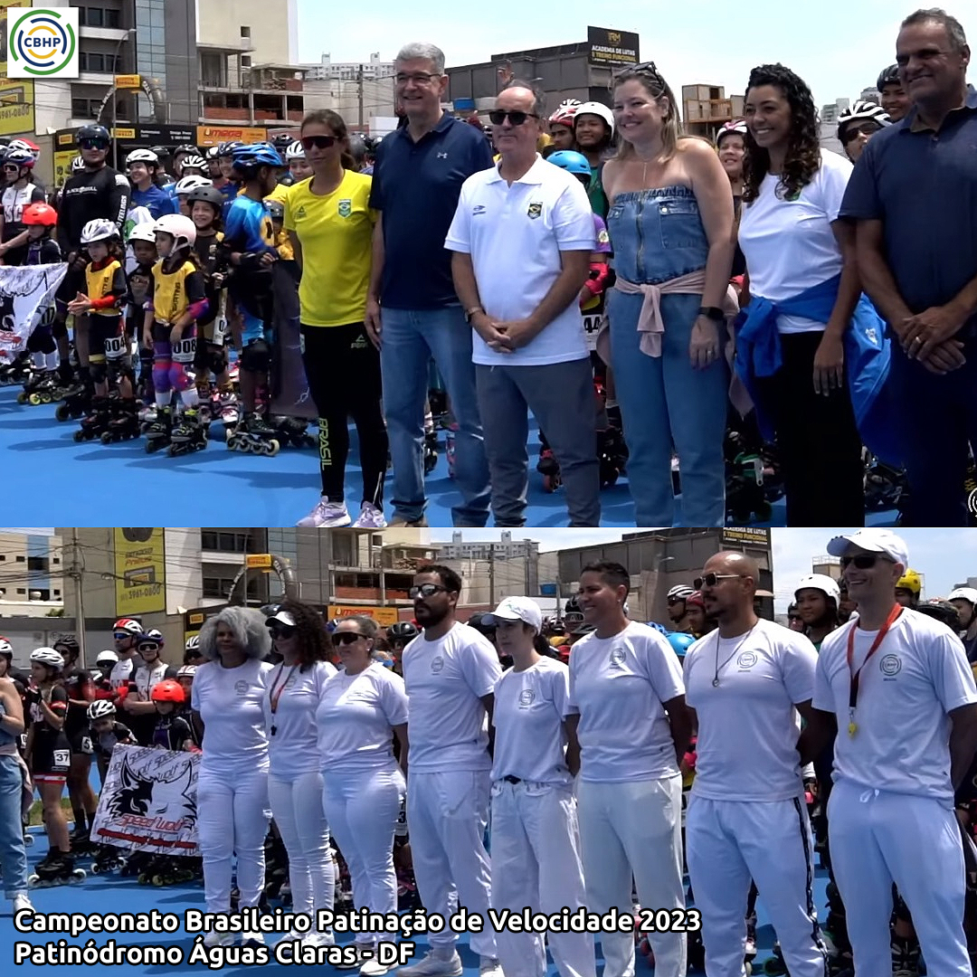 16/09/2023 Patinódromo de Águas Claras - Brasília, DFCerimônia de Abertura Moacyr Junior - Presidente da CBHP Cindya Pardo - Diretora Velocidade CBHP Luciana Barcelos - Presidente da Federação do Distrito Federal - FEBRAHPA Glaucia Heier - Representante do COB - Comitê Olímpico do Brasil Guy Igliori - Presidente da Confederação Brasileira de Boliche (confederação pan-americana coirmã) Tércio de Sousa - Gerente de Cultura, Esporte e Lazer de Águas Claras, DF